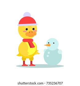 Funny little yellow duckling with snowman cartoon character vector illustration