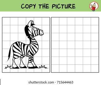 Funny little zebra. Copy the picture. Coloring book. Educational game for children. Cartoon vector illustration