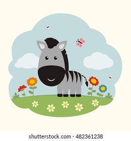 Funny little zebra on flower field in cartoon style.