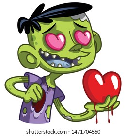 Funny little zombie. Zombie with a heart in his hand. Vector illustration for Halloween. Vector illustration in a cartoon style. Isolated on white background. 