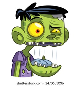 Funny little zombie. Zombie with jaw. Vector illustration for Halloween. Vector illustration in a cartoon style. Isolated on white background. 