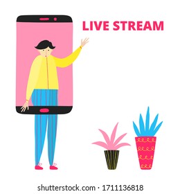 Funny live stream concept. Young caucasian man standing with a big cell phone. Social media. Fun design drawn by hand. Copy space. Isolated on white. Stock vector illustration.