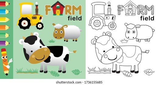 dibujos animados de animales de ganado divertidos con tractor amarillo en el campo de la granja, libro de colorear o página