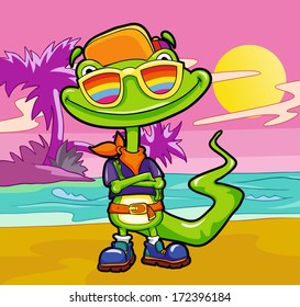 funny lizard on colored background, vector illustration