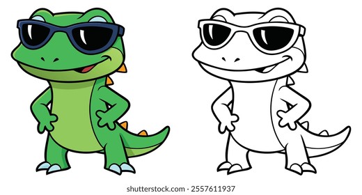 Funny Lizard Wearing Sunglasses Cartoon Coloring Page For Kids. Animal Cartoon Coloring Book Printable
