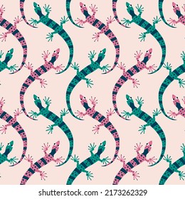 Funny lizards hand drawn vector illustration. Cute colorful salamanders in flat style seamless pattern for kids fabric or wallpaper.
