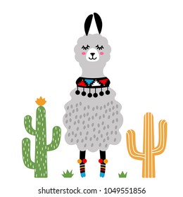 Funny llama alpaca with cacti. Template for printing on textiles, T-shirt. vector illustration, isolated in cartoon style