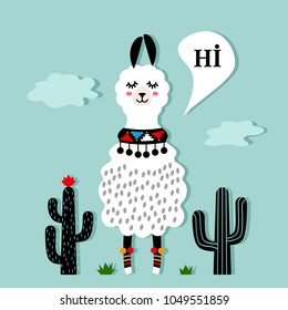 Funny llama alpaca with cacti. Template for printing on textiles, T-shirt. vector illustration, isolated in cartoon style