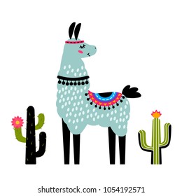 Funny llama alpaca with cacti. Template for printing on textiles, T-shirt. vector illustration, isolated in cartoon style