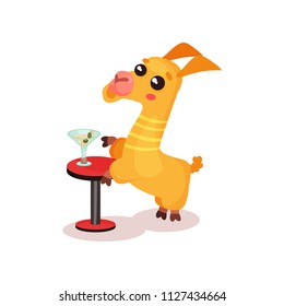 Funny llama alpaca cartoon character drinking cocktail while sitting at cafe table vector Illustration on a white background