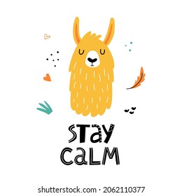 Funny llama or alpaca face poster with cute lettering in hand drawn style. Perfect for t-shirt, apparel, cards, poster, nursery decoration. Isolated on white background vector illustration