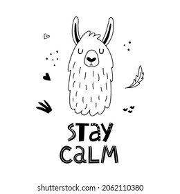 Llamas vectoras o alpacas con formas abstractas y carteles con letras. Afiche infantil con gatos. Animales de bebé