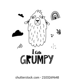 Funny llama or alpaca face poster with cute lettering in hand drawn style. Outline hand drawing. Perfect for t-shirt, apparel, cards, poster, nursery. Isolated on white