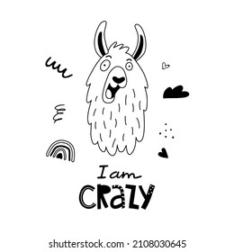 Funny llama or alpaca face poster with cute lettering in hand drawn style. Outline hand drawing. Perfect for t-shirt, apparel, cards, poster, nursery. Isolated on white