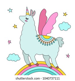 Funny llama alpaca in the image of a unicorn with wings and a horn in the cartoon style are isolated. flat vector illustration