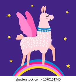 Funny llama alpaca in the image of a unicorn with wings and a horn in the cartoon style are isolated. flat vector illustration