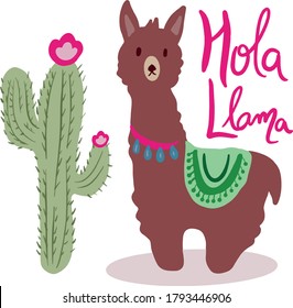 A funny llama, alpaca says hello. Hello card. Vector illustration