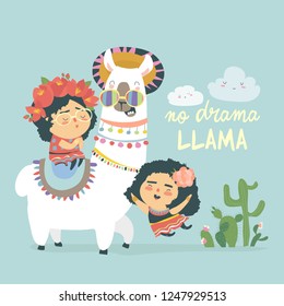 Funny llama alpaka with cute mexican girls