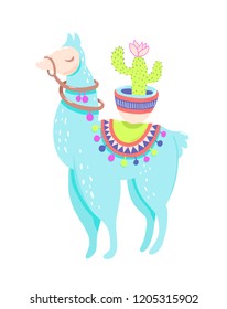 Funny llama with cactus isolated on white, blue alpaca animal cute drawing, lama vector illustration