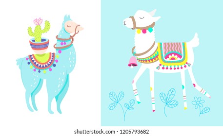 Funny llama with cactus isolated on white, blue alpaca animal cute drawing, two lama vector illustration