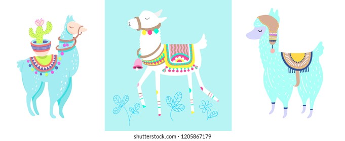 Funny llama with cactus isolated on white, blue alpaca animal cute drawing, three lama vector illustration set