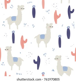 Funny llama and cactus seamless pattern. Vector hand drawn illustration.