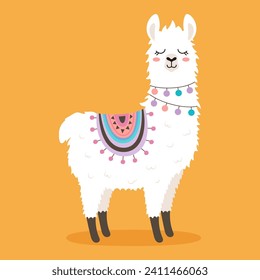 llama graciosa con estilo de caricatura sobre fondo naranja, ilustración vectorial plana