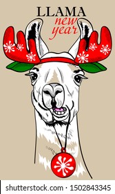 Funny llama in deer horns and Christmas tree toy. llama new year - lettering quote. Card, t-shirt composition, hand drawn style print. Vector illustration.