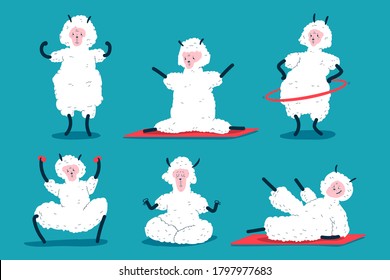 Funny llama doing fitness and yoga exercises vector cartoon characters set isolated on background.