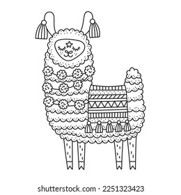 Funny llama with earrings, beads, ornate blanket. Happy fluffy alpaca. Peru farm animal. Coloring page for kids. Cartoon vector illustration. Outlined drawing. Black and white colors. Isolated