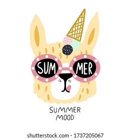 Funny llama face in sunglasses and ice cream on their heads. Childish summer print for fabric, t-shirt, poster, card, baby shower. Vector Illustrtion