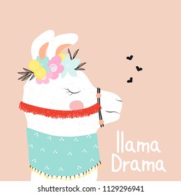 Funny llama with fashion slogan. Vector hand drawn illustration.