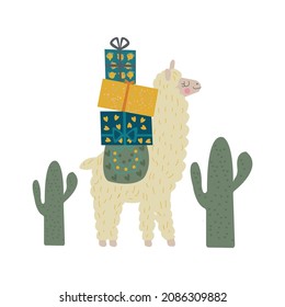 Funny llama with gift boxes on the back. Festive vector children's illustration. 