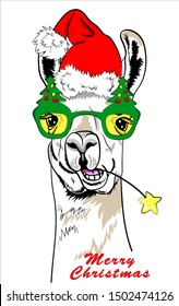 Funny llama in glasses in the form of a Christmas tree and a hat of Santa Claus. 
Merry Christmas - lettering quote. Card, t-shirt composition, hand drawn style print. Vector illustration.