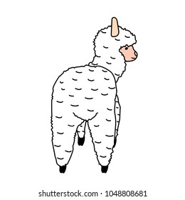 Funny llama illustration on white background. Back view