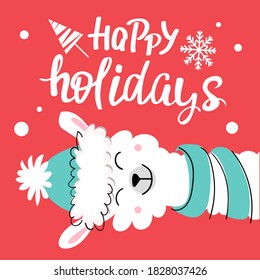 Funny llama and the inscription Happy Holidays. Vector illustration. Christmas and new year card