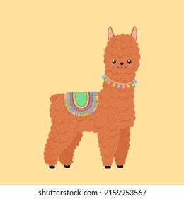 Helles Lamm einzeln auf beigem Hintergrund. Cute kawaii alpaca Charakter. Cartoon-Flachstil. Vektorgrafik