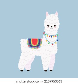 Funny llama isolated on blue background. Cute kawaii alpaca character. Cartoon flat style. Vector illustration
