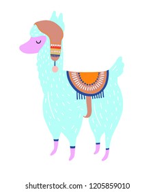 Funny llama isolated on white, blue alpaca animal cute drawing, lama vector illustration