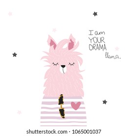 Funny llama with lettering. Vector hand drawn illustration.