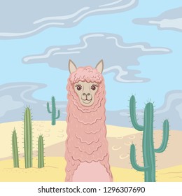 Funny llama with a long neck on the background of the desert. Vector illustration