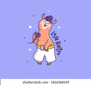 The funny llama loves retro music. Cartoonish alpaca singer with a microphone. Good for t-shirt designs, stickers, ads, cards, etc. This composition is a vector illustration