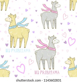 Funny Llama - no probllama. Lovable lama vector drawing. Cute animals on a white background. Seamless Pattern for printing on wallpaper, covers, wraps of children's things