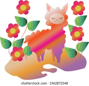 funny llama on the background of flowers