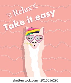 Funny llama on a pink background with waves. Rainbow colored hair. Hand drawn colorful poster. Animal pattern. Funny cartoon character. Decorative print. Stock Vector Illustration.Take it easy.