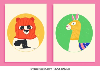 Funny llama and panda wearing balaclava ski mask. Hipster alpaca and bear dressed as a robbers with a colorful thief mask. Isolated print for T-shirt, poster, mug, and for cricut. 