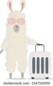 funny llama in pink sunglasses with a suitcase in his hands, vacation, vacation, vacation, flat illustration, print