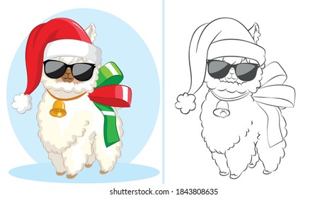 Funny Llama with santa hat and black glasses for black friday mascot.