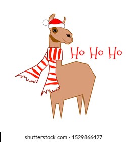Funny llama in Santa hat and striped scarf vector isolated Christmas graphics design greeting card ornament