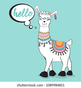 A Funny Llama Says Hello On A Blue Background